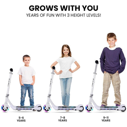 ROVO KIDS WhizKid Electric Scooter, Ages 5-11, Adjustable Height, AU Compliant, Lithium Battery, Brushless Motor, White.