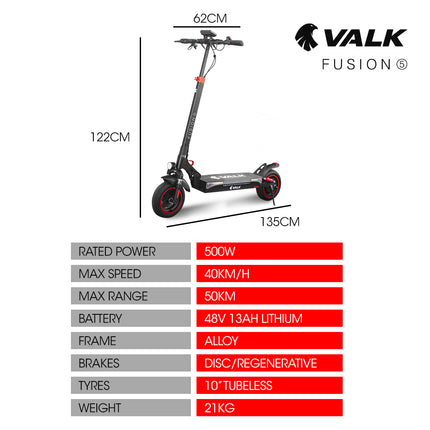 VALK Fusion 5 Electric Scooter, 500W, AU Compliant, 48V 13Ah Lithium, 50km Range, 40km/h, Quad Shocks, 10 inch Tyres.