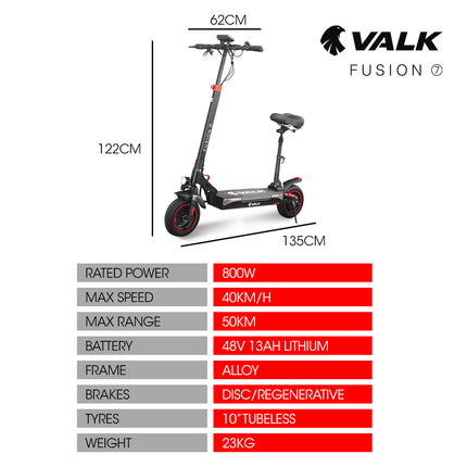 VALK Fusion 5 Electric Scooter, 500W, AU Compliant, 48V 13Ah Lithium, 50km Range, 40km/h, Quad Shocks, 10 inch Tyres.