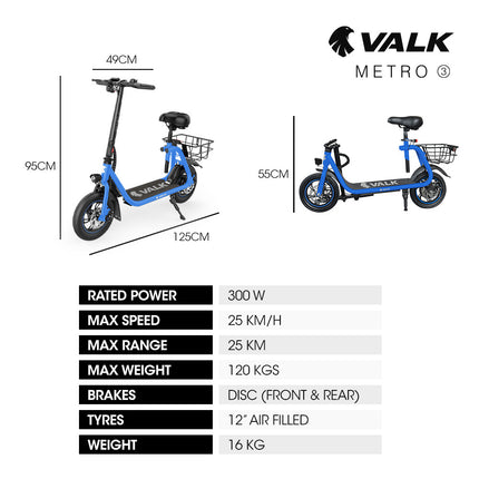 VALK Electric Scooter with Seat, Disc brakes, 12" Tyres, AU Compliant, for Adults, Teens, Commuter, Blue.