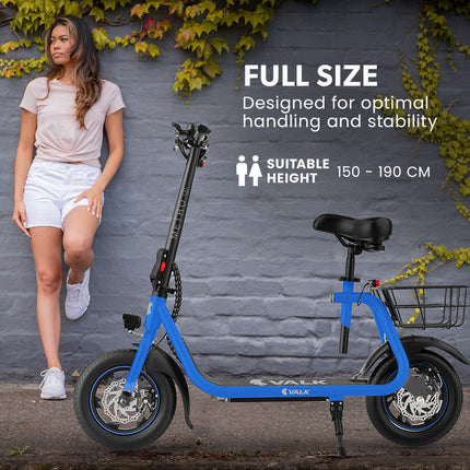 VALK Electric Scooter with Seat, Disc brakes, 12" Tyres, AU Compliant, for Adults, Teens, Commuter, Blue.