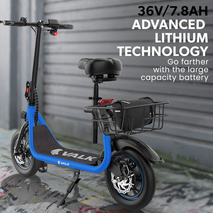 VALK Electric Scooter with Seat, Disc brakes, 12" Tyres, AU Compliant, for Adults, Teens, Commuter, Blue.