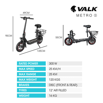 VALK Electric Scooter with Seat, Disc brakes, 12" Tyres, AU Compliant, for Adults, Teens, Commuter, Black.