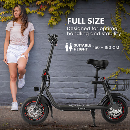 VALK Electric Scooter with Seat, Disc brakes, 12" Tyres, AU Compliant, for Adults, Teens, Commuter, Black.