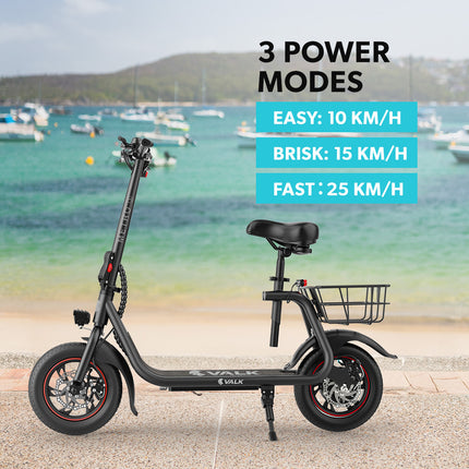 VALK Electric Scooter with Seat, Disc brakes, 12" Tyres, AU Compliant, for Adults, Teens, Commuter, Black.