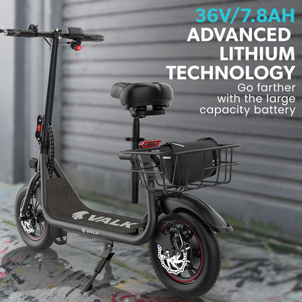 VALK Electric Scooter with Seat, Disc brakes, 12" Tyres, AU Compliant, for Adults, Teens, Commuter, Black.