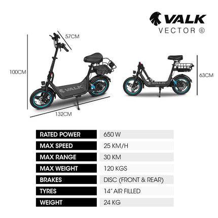 VALK Electric Scooter with Seat, 30km Range, AU Compliant, Disc brakes, 14" Tyres, for Adults, Teens, Commuter.