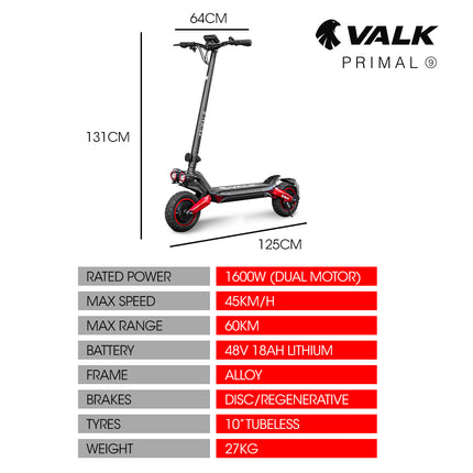 VALK Fusion 5 Electric Scooter, 500W, AU Compliant, 48V 13Ah Lithium, 50km Range, 40km/h, Quad Shocks, 10 inch Tyres.