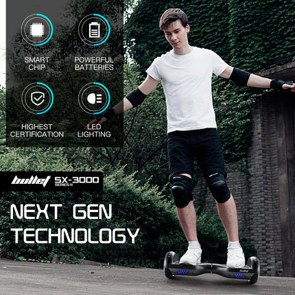BULLET Gen III Hoverboard Scooter, Dual Copper Motors, UL Certified, AU Compliant, 6.5" Wheels, Superior Self Balancing System, LED Lights, Carbon Fiber style.