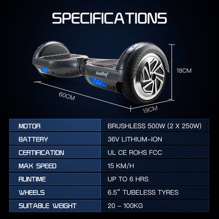 BULLET Gen III Hoverboard Scooter, Dual Copper Motors, UL Certified, AU Compliant, 6.5" Wheels, Superior Self Balancing System, LED Lights, Carbon Fiber style.