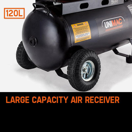 UNIMAC 8HP Air Compressor 115PSI 120L Petrol Powered Industrial Air Conditioning.