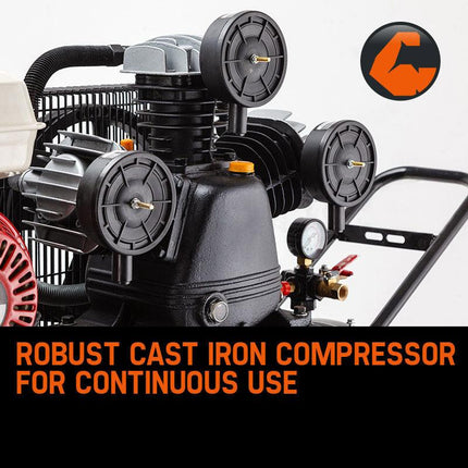 UNIMAC 8HP Air Compressor 115PSI 120L Petrol Powered Industrial Air Conditioning.