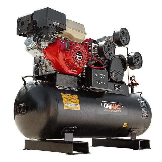 UNIMAC 18HP Industrial Petrol Air Compressor 115PSI 150L Tank with Electric Key Start.