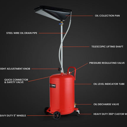 T-REX 80L Mobile Waste Oil Drainer, Telescopic, with Air Compressor Fitting, for Workshop.