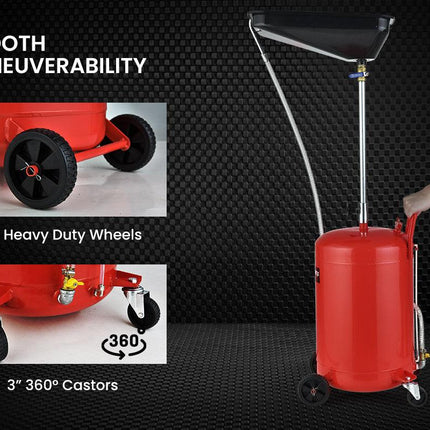 T-REX 80L Mobile Waste Oil Drainer, Telescopic, with Air Compressor Fitting, for Workshop.