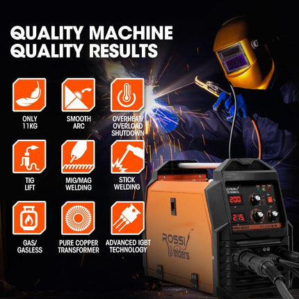 ROSSI 200A MIG/MAG/MMA/ARC/TIG Multi-Purpose Welder MIG-200, Flux/Solid Wire/CO2 Or Argon Gas.