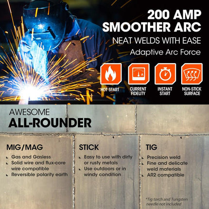 ROSSI 200A MIG/MAG/MMA/ARC/TIG Multi-Purpose Welder MIG-200, Flux/Solid Wire/CO2 Or Argon Gas.