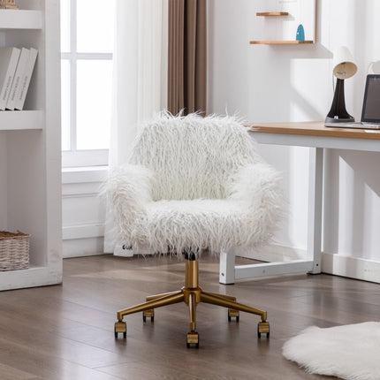 Fluffy Office Chair Faux Fur Modern Swivel Desk Chair for Women And Girls-White.