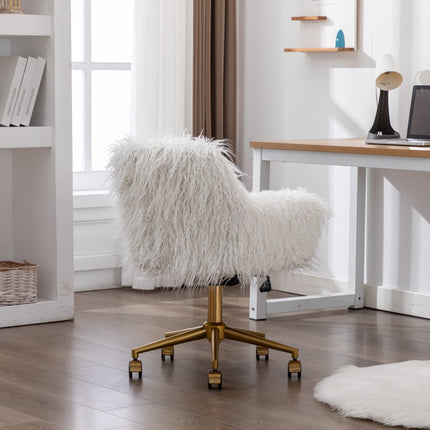 Fluffy Office Chair Faux Fur Modern Swivel Desk Chair for Women And Girls-White.