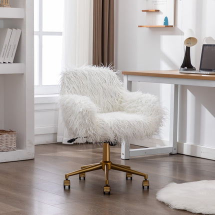 Fluffy Office Chair Faux Fur Modern Swivel Desk Chair for Women And Girls-White.