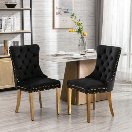 AADEN 2x Velvet Dining Chairs with Golden Metal Legs-Black.