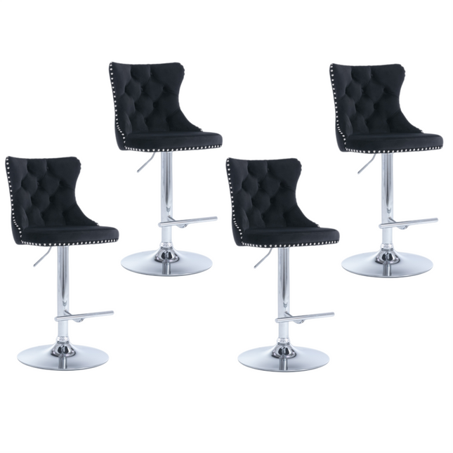 4x Height Adjustable Swivel Bar Stool Velvet Studs Barstool with Footrest and Chromed Base- Black.