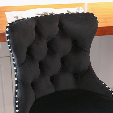 2x Height Adjustable Swivel Bar Stool Velvet Studs Barstool with Footrest and Chromed Base- Black.