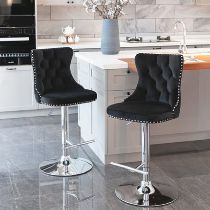 2x Height Adjustable Swivel Bar Stool Velvet Studs Barstool with Footrest and Chromed Base- Black.