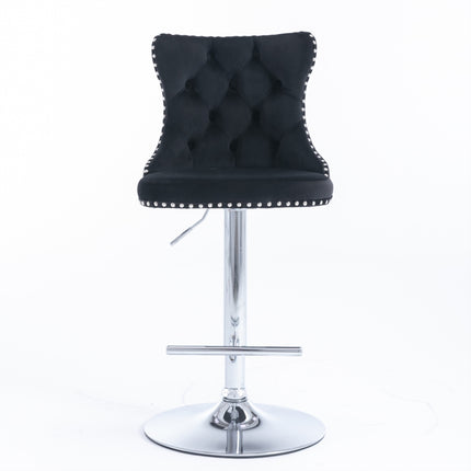 2x Height Adjustable Swivel Bar Stool Velvet Studs Barstool with Footrest and Chromed Base- Black.