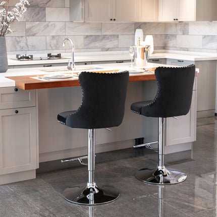 2x Height Adjustable Swivel Bar Stool Velvet Studs Barstool with Footrest and Chromed Base- Black.