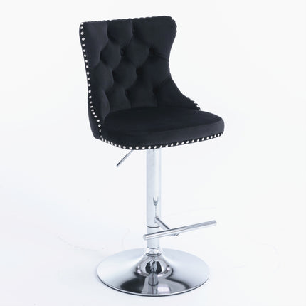 2x Height Adjustable Swivel Bar Stool Velvet Studs Barstool with Footrest and Chromed Base- Black.