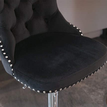 2x Height Adjustable Swivel Bar Stool Velvet Studs Barstool with Footrest and Chromed Base- Black.