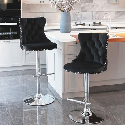 2x Height Adjustable Swivel Bar Stool Velvet Studs Barstool with Footrest and Chromed Base- Black.