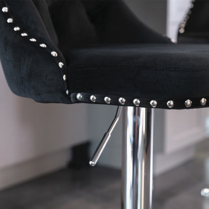 2x Height Adjustable Swivel Bar Stool Velvet Studs Barstool with Footrest and Chromed Base- Black.