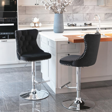 2x Height Adjustable Swivel Bar Stool Velvet Studs Barstool with Footrest and Chromed Base- Black.