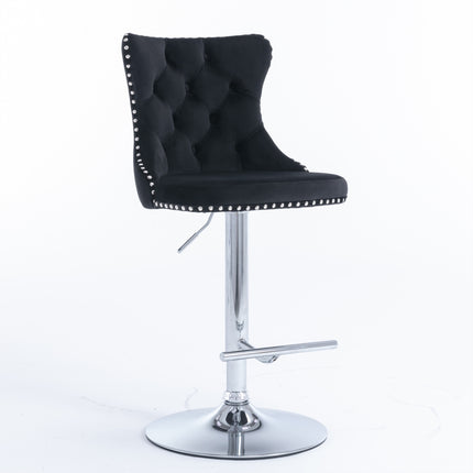 2x Height Adjustable Swivel Bar Stool Velvet Studs Barstool with Footrest and Chromed Base- Black.