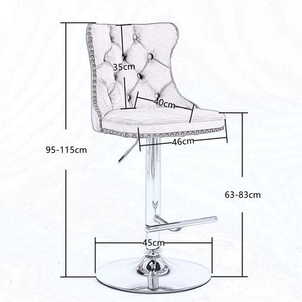 2x Height Adjustable Swivel Bar Stool Velvet Studs Barstool with Footrest and Chromed Base- Black.