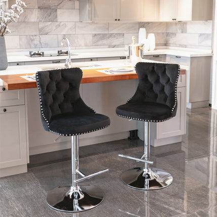 2x Height Adjustable Swivel Bar Stool Velvet Studs Barstool with Footrest and Chromed Base- Black.