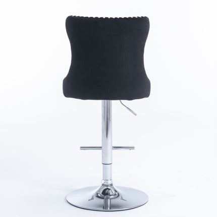 2x Height Adjustable Swivel Bar Stool Velvet Studs Barstool with Footrest and Chromed Base- Black.