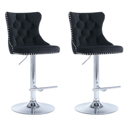 2x Height Adjustable Swivel Bar Stool Velvet Studs Barstool with Footrest and Chromed Base- Black.