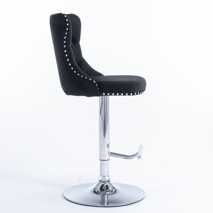 2x Height Adjustable Swivel Bar Stool Velvet Studs Barstool with Footrest and Chromed Base- Black.