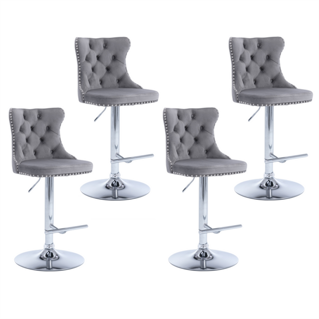 4x Height Adjustable Swivel Bar Stool Velvet Stud Barstool with Footrest and Chromed Base- Gray.
