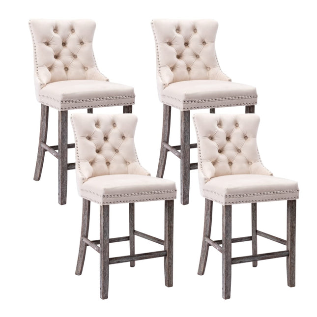 4X Velvet Bar Stools with Studs Trim Wooden Legs Tufted Dining Chairs Kitchen.