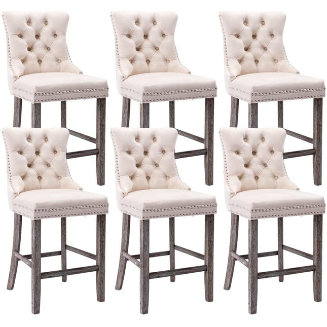 6X Velvet Bar Stools with Studs Trim Wooden Legs Tufted Dining Chairs Kitchen.