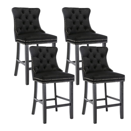 4X Velvet Bar Stools with Studs Trim Wooden Legs Tufted Dining Chairs Kitchen.