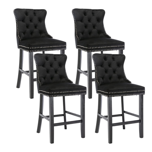 4X Velvet Bar Stools with Studs Trim Wooden Legs Tufted Dining Chairs Kitchen.