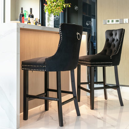 2X Velvet Bar Stools with Studs Trim Wooden Legs Tufted Dining Chairs Kitchen.