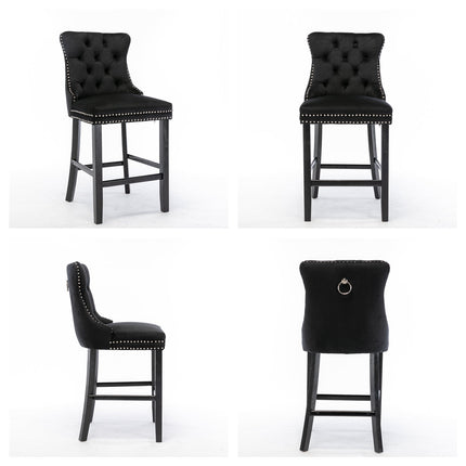 2X Velvet Bar Stools with Studs Trim Wooden Legs Tufted Dining Chairs Kitchen.