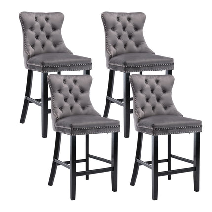 4X Velvet Bar Stools with Studs Trim Wooden Legs Tufted Dining Chairs Kitchen.