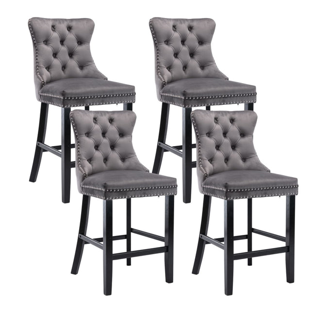 4X Velvet Bar Stools with Studs Trim Wooden Legs Tufted Dining Chairs Kitchen.